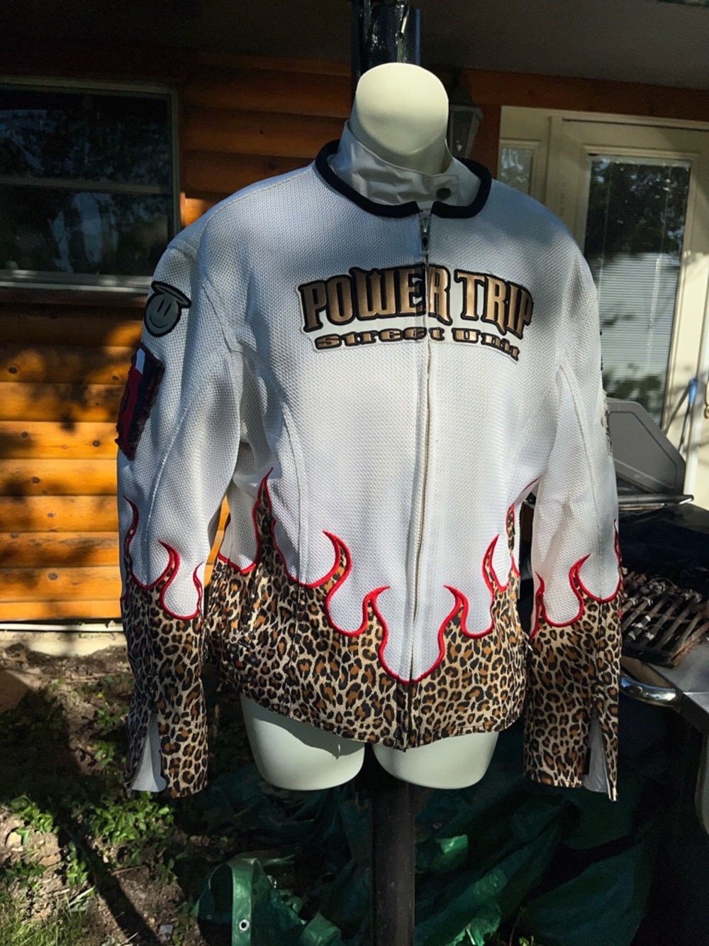 Power Trip White Motorcycle Jacket with Leopard & Red Flame Accents